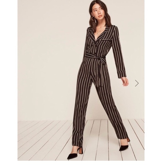 Reformation Pants - Reformation Weston Striped‎ Jumpsuit Sz 0 Wide Leg Black Beige Mesh Tag Tailored